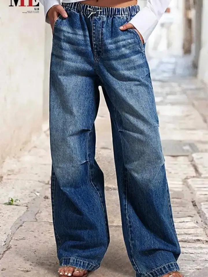 H028 Men's Elastic Waist Wide Leg Loose Fit Drawstring Denim Pants