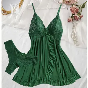 Lace Night Dress And Panty Pijamas Sets Transparent Blue Sexy Lingerie Women's Underwear See Through Sleepwear Female Nightwear  Tulle Suspenders Exquisite Women's  Lace V-Neck Underwear Semi-transparent Thong Dress Set Females