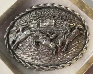 Vintage 1992 Metal Belt Buckle, Bull Riding, Cowboy, Rodeo, 3 1/2" x 2 3/4", Heavy Duty, Quality, Thick Metal, Made in USA, For Belts, Fashion, Shelf Display, Western Wear, Southwest, Country, Fun, Nice,