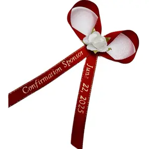 Personalized Quinceañera & Baptism Ribbons - Customized Event Decorations with White Rose Accent for Special Celebrations - Ribbon with Custom Notes for Quinceañera & Baptism Events