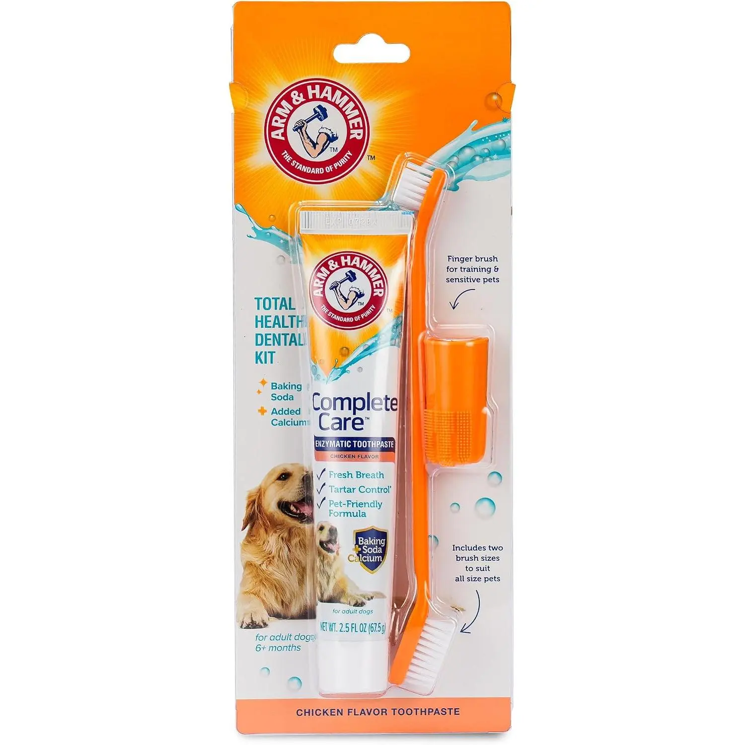 Arm and Hammer Complete Care Dog Dental Kit, Chicken Flavor, 2.5 Oz | Enzymatic toothpaste, toothbrush, and finger brush with baking soda and calcium for plaque and tartar control