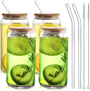 4pcs Set Glass Cups with Bamboo Lids and Straws,16oz Can Shaped Drinking Beer Glasses, Iced Coffee Cups, Cute Tumbler Cups with 1 Cleaning Brush, Ideal for Cocktail, Whiskey, Tea, Gift Drinkware Reusable