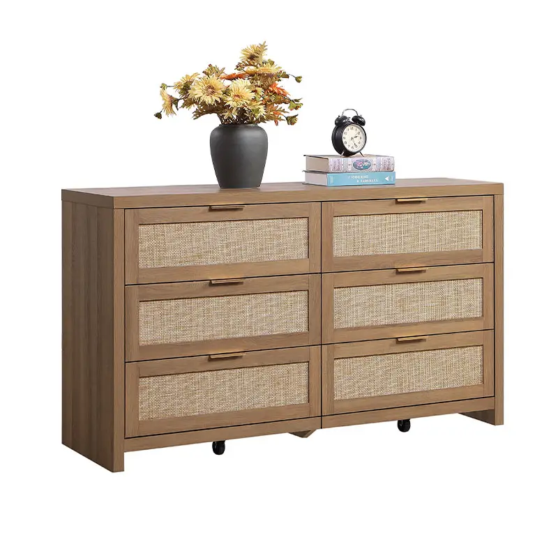 SICOTAS Rattan Dresser for Bedroom, 17.7" x 56.9" x 31.3" Size 6 Drawer Dresser with Ample Storage,Unique Engineered Wood Dressers Large Chest of Draw