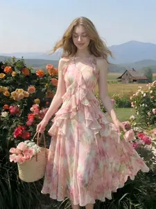 Women's Gradient Floral Print Halter Long Dress, Sleeveless Ruffle Flowy Dress, Romantic Country Style, Garden Party Wedding, Feminine Chic