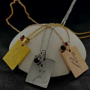 Custom engraved rectangle shape birth flower necklace attached birthstone