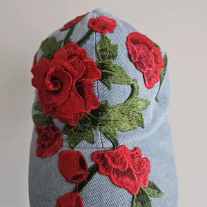 Floral Denim Backless Baseball Cap with Appliqué Roses and Green Leaves for Stylish Outfits
