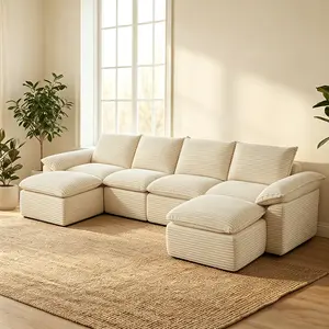 【3 Packages Shipping】141”U-Shaped Modular Sectional Sofa - Comfy Cloud 4-Seater with 2 Movable Ottoman, Cloud Sofa,Deep Seat corduroy  Couch for Living Room, Beige Color ,Comfort & Stylish Design