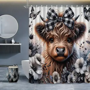 Cute Bow Highland Cow Bathroom Set, Vintage Floral Animal Print Waterproof Shower Curtain Sets & Non-Slip Absorbent Mat, Farmhouse Decor