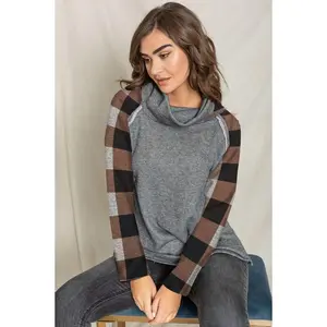 EG fashion Terry Cowl Neck Checkered Sleeve Tunic