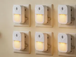 6-pack plug-in LED night lights with dusk-to-dawn sensor. Auto on/off warm white lighting, energy-saving for bedroom, bathroom and hallway.