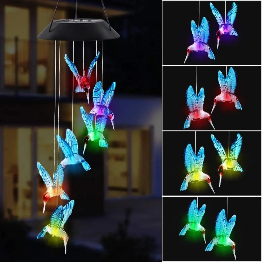 25" LED Solar Blue Hummingbird Wind Chime - Outdoor Hanging Garden Decor with Automatic Color-Changing LED Lights, Energy-Saving, Durable and Safe, Easy to Install for Patio, Lawn