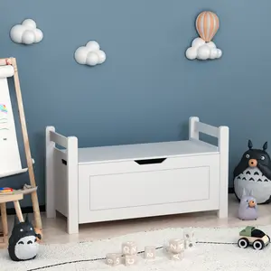 White Rubber Wood Toy Box Chest - Large Storage with Flip-Top Lid (Safety Hinge) & Front Bookshelf, Organizer for Nursery/Playroom