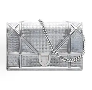 Pre-owned Dior leather Shoulder Bags Diorama Silver Metallic Flap Bag Authentic