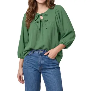 Shewin 2026 SummerVibes Women's Minimalist Basic Tunic Blouse Shirts - V-Neck, 3/4 Sleeve, Tie Neck, Loose-Fitting, Solid Plain, Textured Breathable Fabric, Casual Daily Wear Top