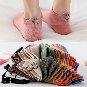 10pcs Women's Breathable Ankle Socks Cute Joyful Face Embroidery Soft Polyester Blend Low-Cut No-Show Design for All-Season Comfort & Outdoor Activities Elastic Ankle Length Cotton Socks Womenswear Bridal