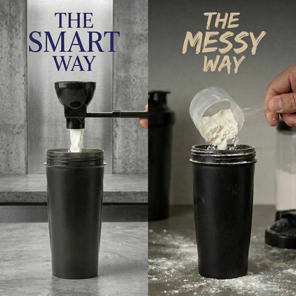 NEW Buy 1 Get 1 Free Protein Powder Funnel-Mini with Sliding Scoop and Container — High-Quality Funnel for Pre-Workout Creatine Powder, Coffee/Milk/Smoothie/Chocolate Powder, BPA-Free Plastic Kitchen Utensil, Perfect Gift for Valentine’s Day