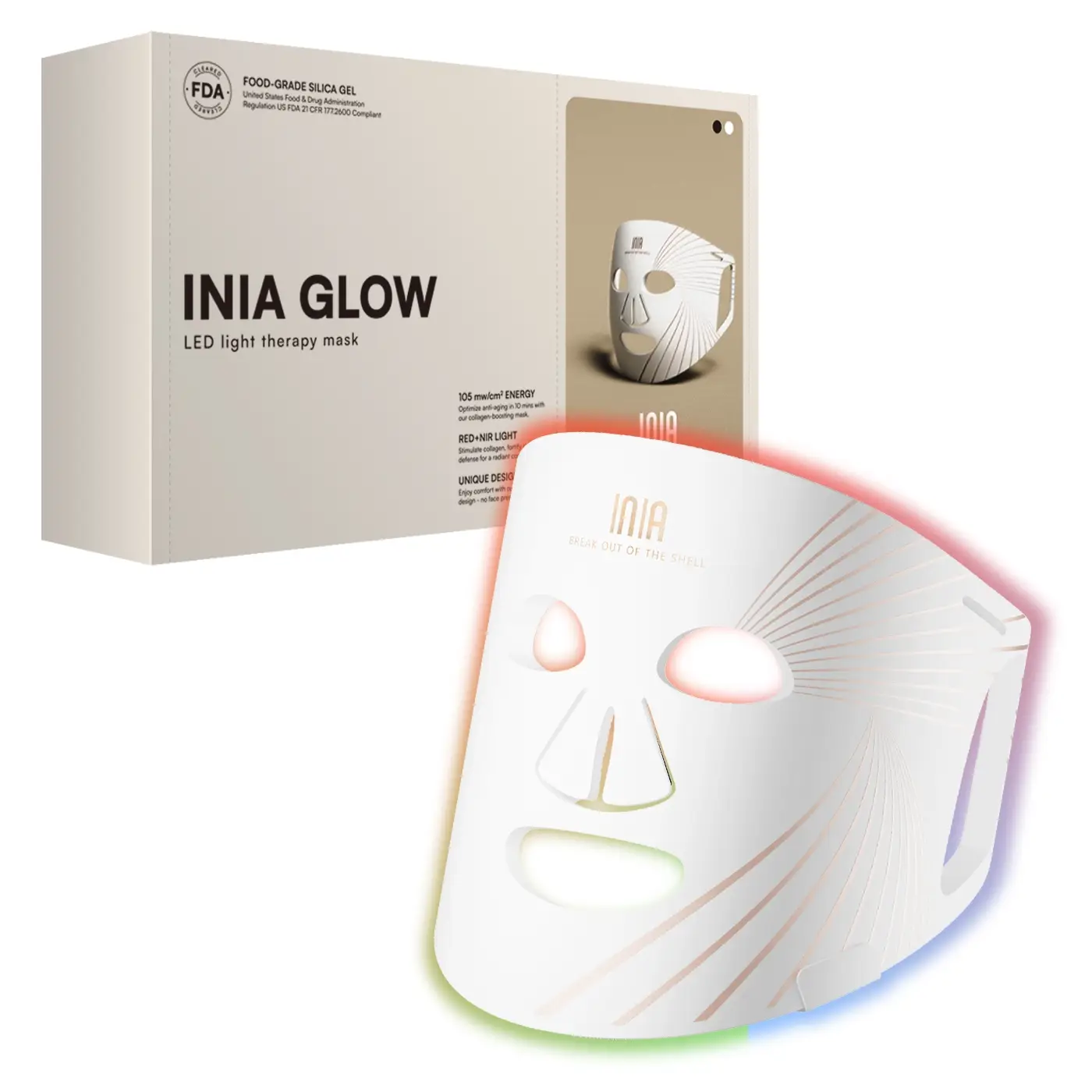 INIA GLOW Led Face Mask, Near- Infrared 850nm Red Light for Face, 4 Colors LED Facial Skin Care Mask, 1 Year Warranty, Portable and Rechargeable for F