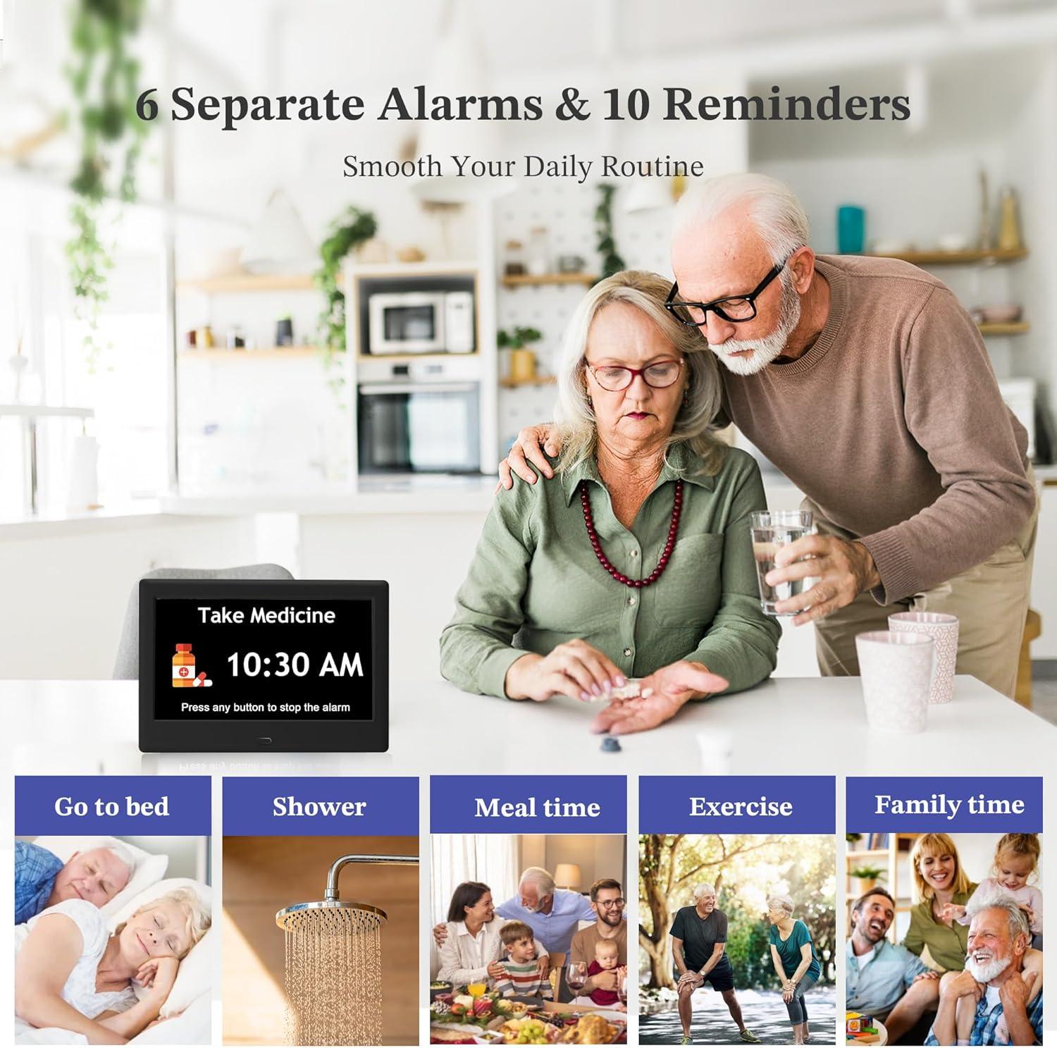 7'' Dementia Clock For Seniors, Large Display Digital Clock With Date, Time, Day Of Week for Elderly, Memory Loss, Alzheimer, 1024*600P HD, 10 Reminders & 6 Alarms, Auto Dimming & DST, Remote Control
