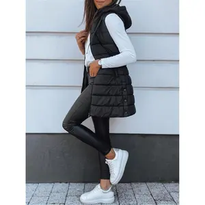 1pc Elegant Solid Color Hooded Puffer Vest, Thickened Warmth, Polyester Woven, All-Season Fashion Coat for Adults Collar Fabric Tops Casual Black Chic Womenswear Fitted Basic Minimalist Winter