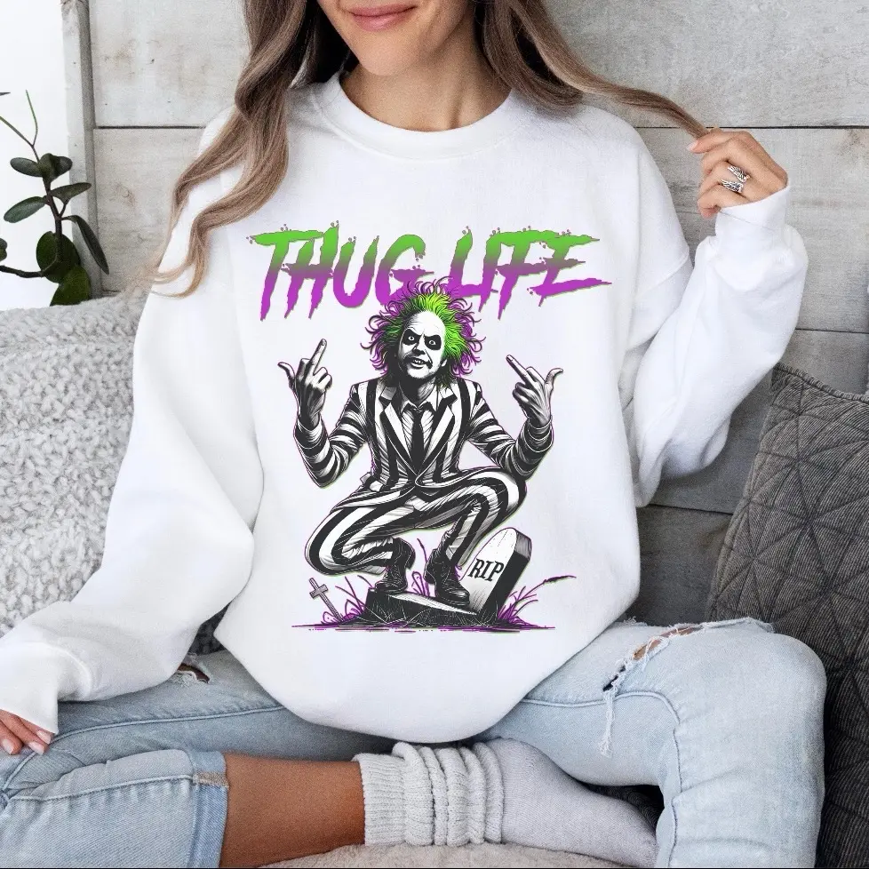 Unisex BEETLEJUICE Middle Finger Thug Life Sweatshirt - 100% Cotton - Perfect for Halloween/Fall - Hoodie, Pullover