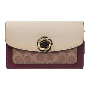 COACH Parker 18 Camellia Turn-Lock Color-Block Signature Print Coated Canvas and Calfskin Chain Bag for Women, Small, White and Tan