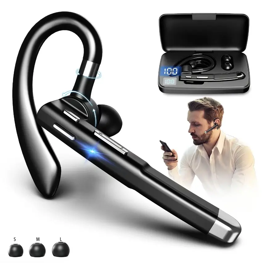 Chargeable Bluetooth Earbud Headset with Charging Case, Built-in Microphone, LED ENC Noise Cancelling Audio Headphones for Truck Drivers, Travel, Hd Sound, Ios & Android