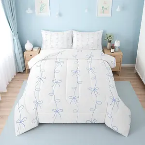 Feelyou Blue Ribbon Bow Comforter Set - Ultra-Soft Coquette Bowknot Bedding, Princess Bowtie Design, for Girls' Bedroom Decor