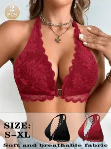 2pcs Deep V Cutout Floral Lace Bralette, Women's Sexy Halter Neck Crop Top Bra, Wireless Design for Maximum Comfort, Underwear