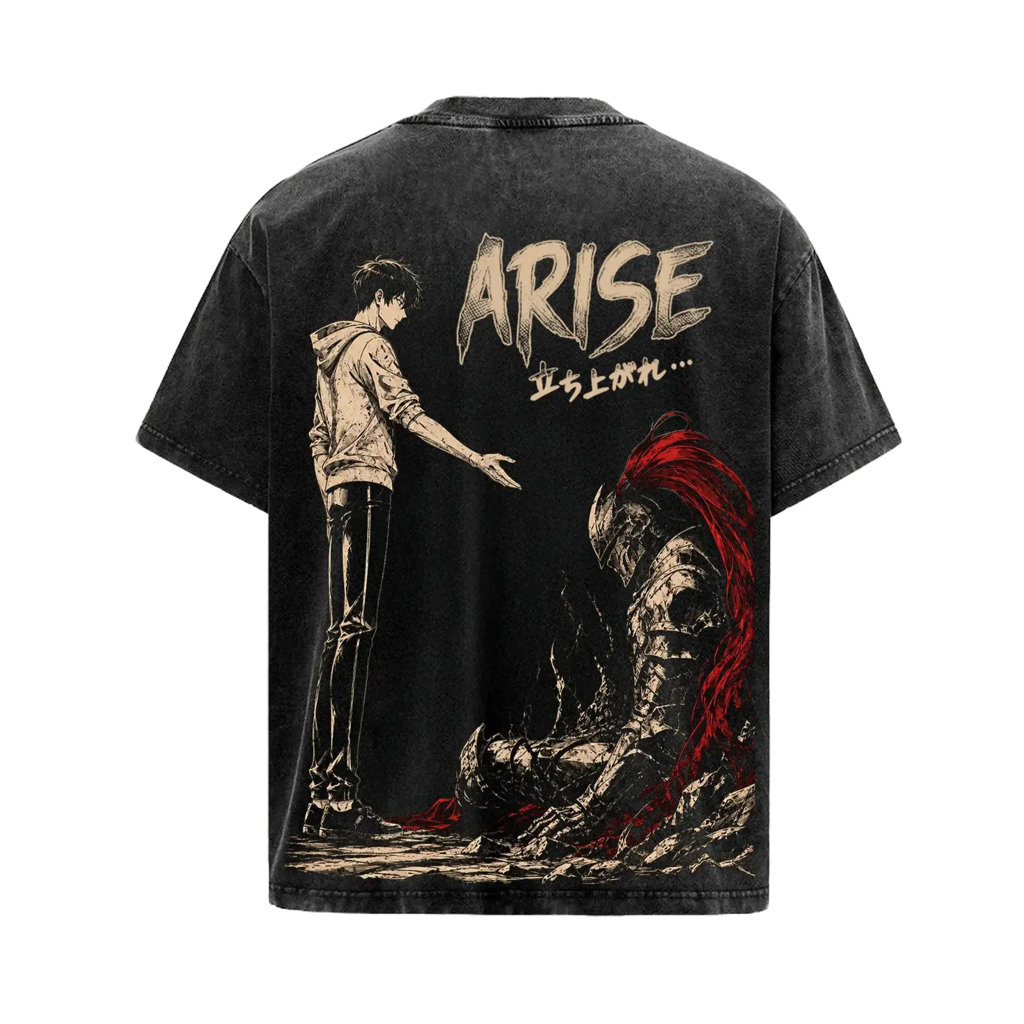 Men's Short-Sleeve Graphic T-Shirt, Solo Leveling Vintage Oversize Streetwear Top in Washed Heavy Cotton with Double-Sided Sung Jinwoo Print, Tops, Shortsleeve, Menswear, Oversized, Tshirt, All Seasons, Graphic Print, Loose-Fit