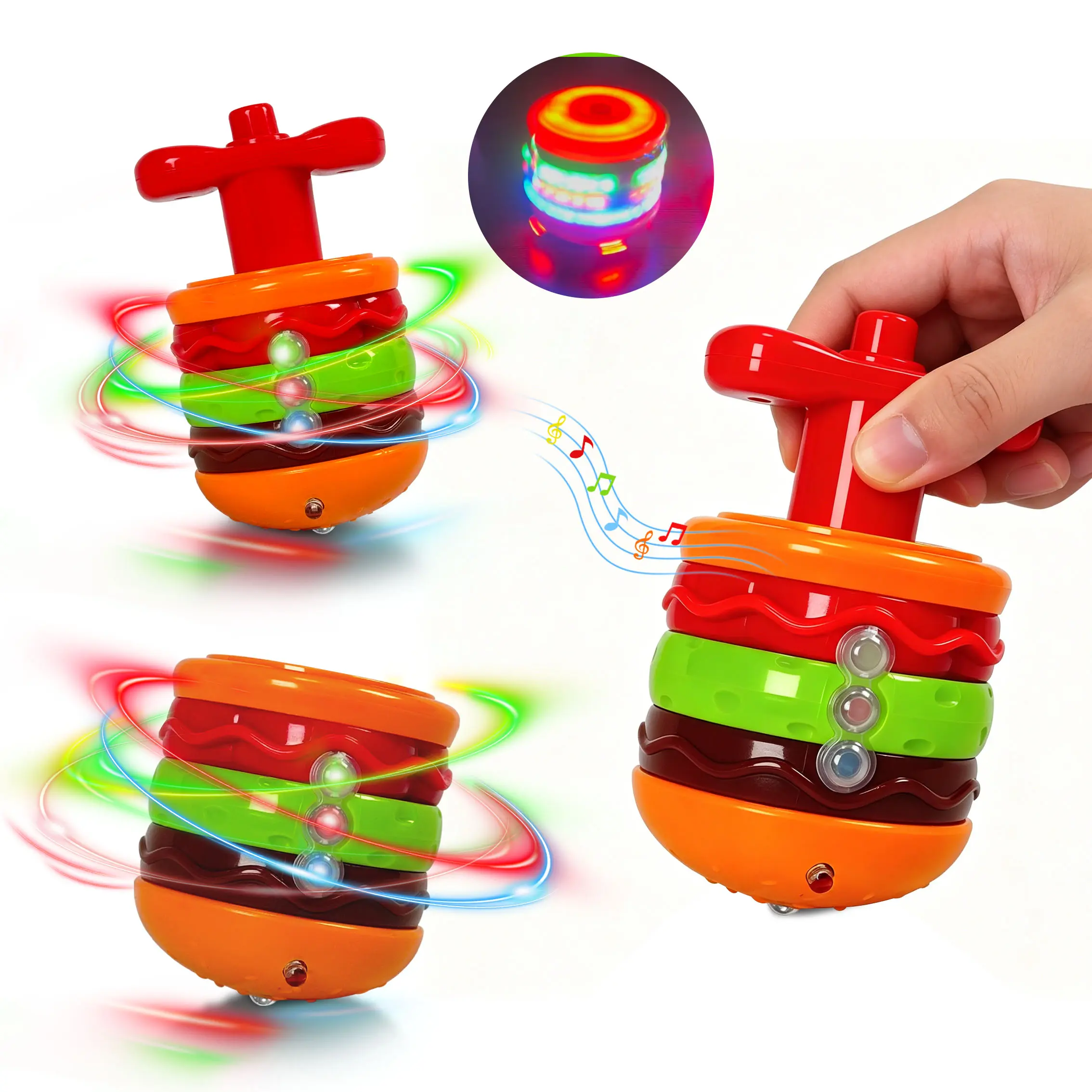 1pcs glowing rotating toy, colourful  with music spinning top ，hamburger-shaped gyro toy with lights and music, flashing rotation toy for kids, gift,Children's Day gifts