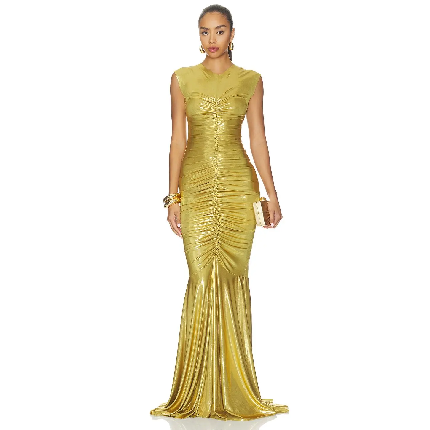 Norma Kamali Sleeveless V Neck Fishtail Gown in Rich Gold