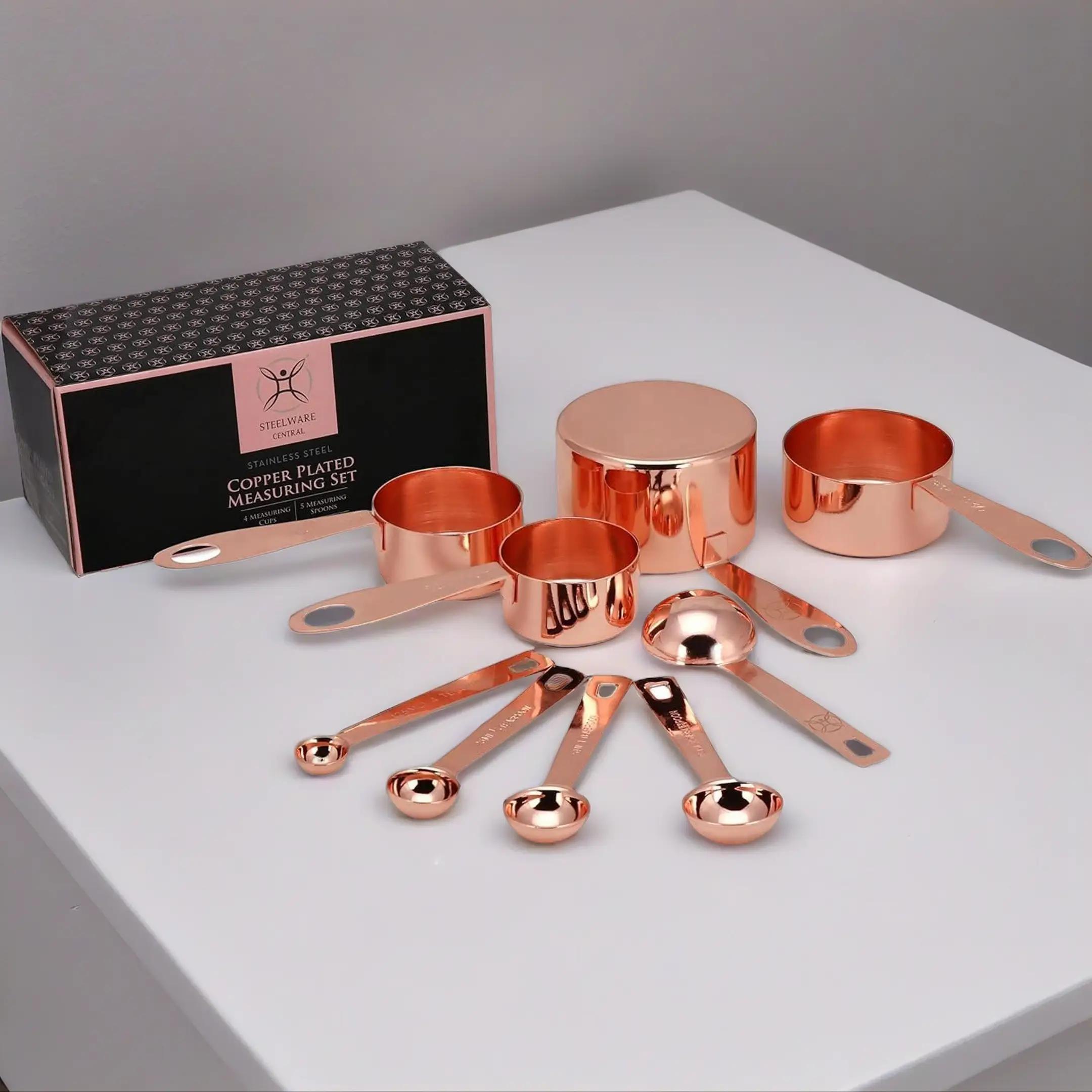 Copper Measuring Cups and Spoons Stainless Steel 9 pieces with 2 Rings