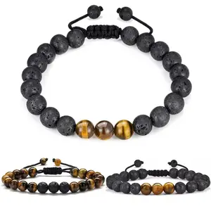 Beaded Bracelets for Mens Gifts (2counts) - Natural Stone 8mm Tiger Eye Matte Agate Lava Rock Bracelets for Men Teen Boys Birthday Anniversary Christmas Gifts for Men Teens Grandpa