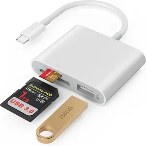 SD Card Reader – USB 3.0 Type-C High-Speed SD/TF Memory Card Adapter, 3-in-1 Ports (SD/MicroSD/USB), Compatible with iPhone 17/16/15 Pro Max, Mac, iPad, MacBook Pro/Air, Android Phones & Tablets (White)