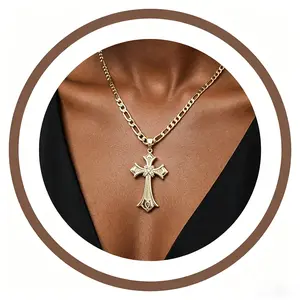 Festive Fashion Trendy Iced-Out Cross Pendant Necklace, 14k Gold Plated, Gift for Mom, Prayer Blessing, Mother's Day