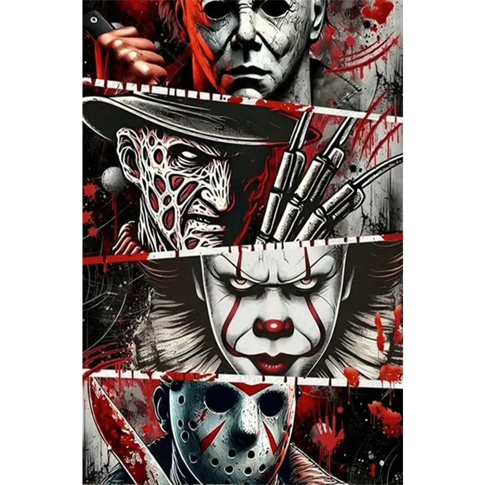 1PC 5D diamond painting Diamond Pattern Design 2d flat printing  Horror Movie Characters Diamond Painting Kit for Adults Halloween Decorative Wall Art DIY Craft with Full Drill Rhinestones Horror Fans Gift 16x24 Inch