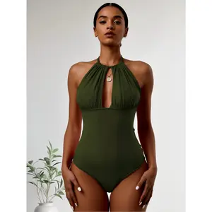 2026 Olive Green Halter One Piece Swimsuit | Keyhole Cutout Tummy Control Bathing Suit for Beach Vacation