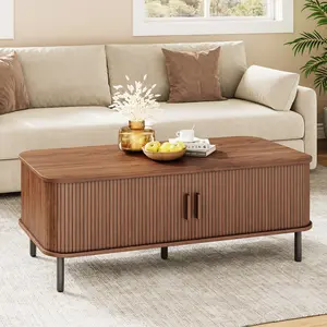 【Valentine's Day gift】ONBRILL Fluted Coffee Table with Storage, 47.2" Mid Century Modern Coffee Tables for Living Room, Rectangle Wood Center Table with Sliding Tambour Door & Adjustable Leg for Living Room,Bedroom Furniture