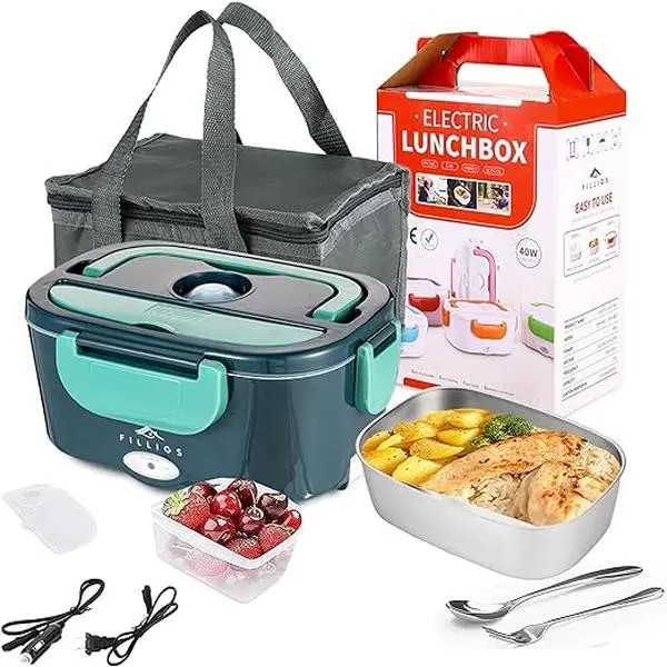Electric Lunch Box 80W Food Heater for Adults, 12/24/110V Portable Lunch Warmer Upgraded Heated Lunch Box for Car/Truck/Office with SS Fork&Spoon and Insulated Carry Bag (Green)