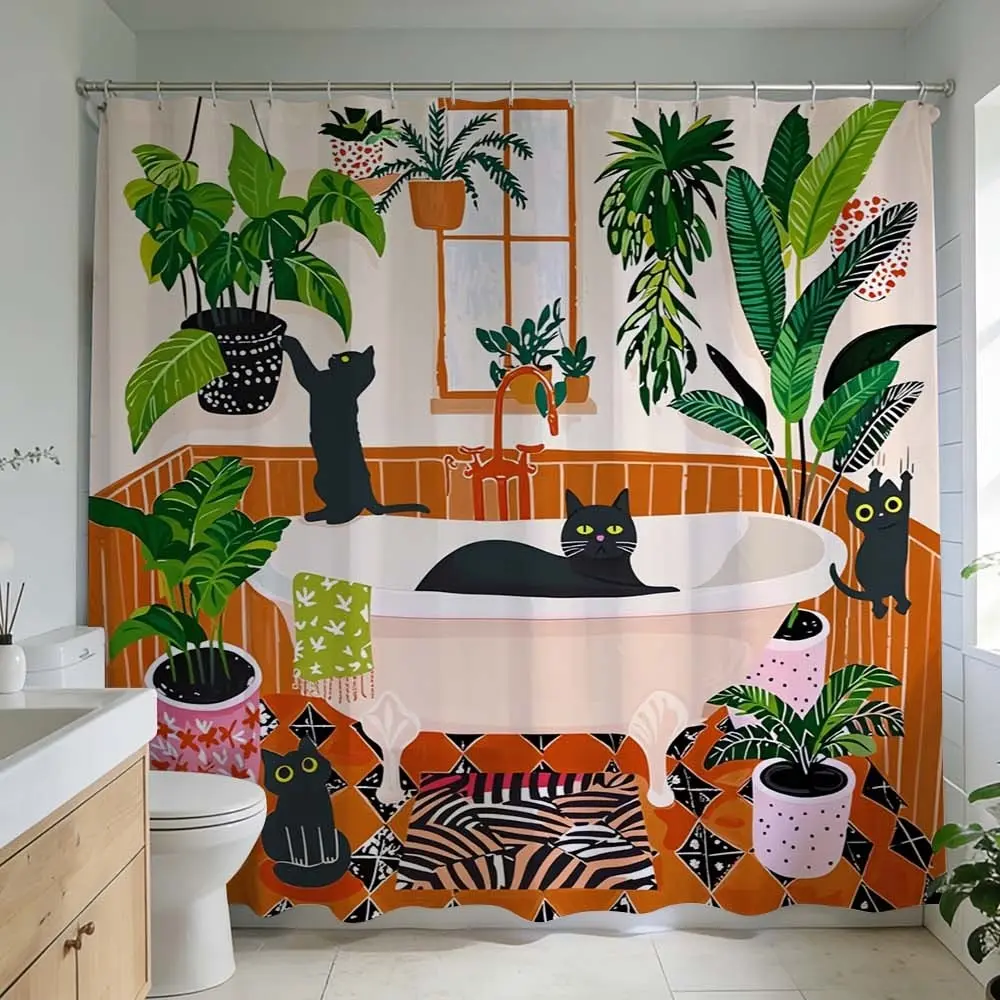1 Pc Cozy botanical retreat, Whimsical Cute Shower Curtain with playful cat theme ideal for enhancing bathroom aesthetics vibrant orange and green hues with lush plant designs perfect for home décor and bathroom renovation