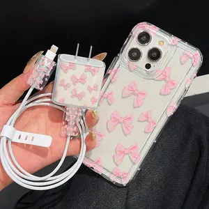 Cute Bow Pattern Phone Case with Charger Saver & Cable Protector & Storage Rope, Anti-drop Cellphone Protective Case, Total Protective Shockproof Mobile Phone Cover for iPhone, Casing, Phone Accessory