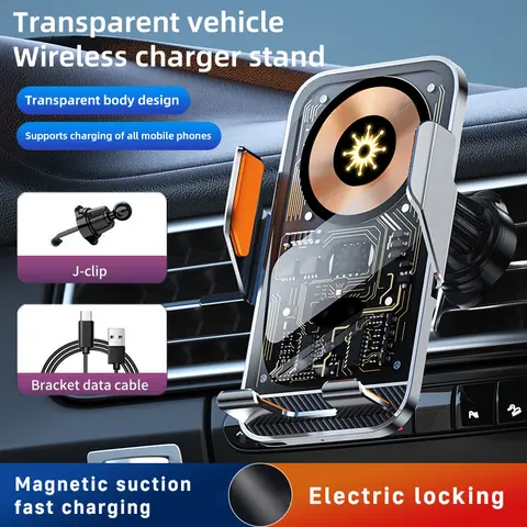 PIXNMO ABS/PC+Magnesium Aluminum Alloy Magnetic Pro Spring Car Phone Holder, 15W Super Fast Charging Wireless Mobile Charger, 360° Rotatable Multi-Angle Mount, 112g Vehicle Accessory with Sleek Tempered Glass Panel for Smartphones (Included Accessories)
