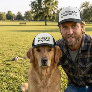 Designated Pitcher Dog Owner Trucker Cap, Pairs with Let's Play Ball Pet Hat