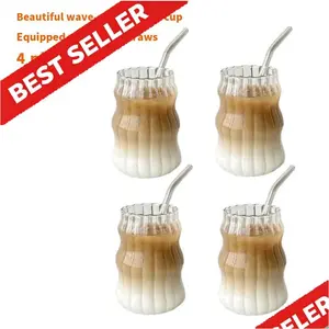 Set of 4 Ribbed Glass Cups with Straws - Heat Resistant High Borosilicate Glassware - Wave Texture Drinking Glasses for Iced Coffee, Milk & Soda - Durable Hot & Cold Drink Cup Set