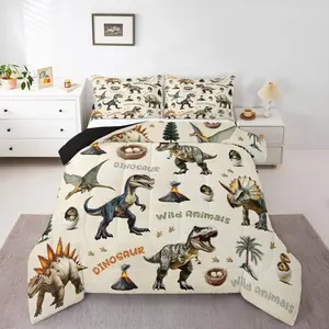Dinosaur Bedding Set for Kids Boys Girls 3D Dino Print Comforter Set Vintage Animals Duvet Quilt Bedroom Decor Breathable Soft Lightweight Microfiber Wildlife