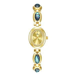 Women's Gold Tone Abalone Shell Oval Watch Vintage Small Bracelet Quartz Watch Waterproof Elegant Dress Watch for Gift & Daily Wear