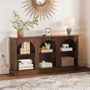 63" Arched TV Stand, 3-Tier Console Table with Power Outlets and Storage Cabinet for Entryway Living Room, Modern Entertainment Center with Charging Station for 65 70 Inch TV, Media Console with Open Shelves, Brown