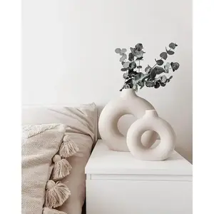 Set of 2 Circular Hollow Ceramic Vase, Donut Modern Vase, Small and Large Donut Vase, Nordic Decor, Housewarming Gift, Ring Vase, Boho Decor Decorative Centerpiece Ornaments