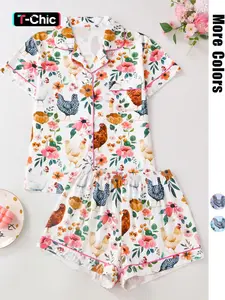 Women's Chicken & Floral Print Button Top & Shorts Pajama Two-piece Set, Casual Comfy Shortsleeve Top & Shorts Pj Set, Ladies Sleepwear for All Seasons, Sleep Sets, Womenswear, Loungewear, Homewear, Pyjamas, Summer Sleepwear, Pajamas