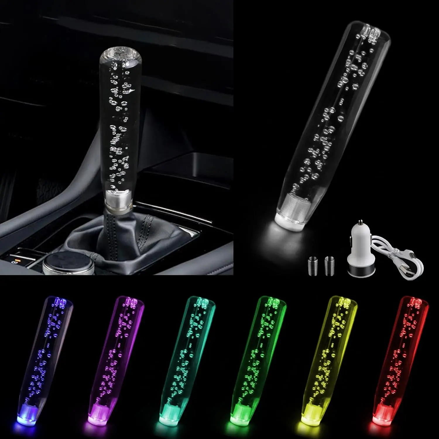 Car LED Light-Emitting Crystal Gear Shift Head, 7.87" Colorful Light Crystal Bubble Gear Head, Personalized Wave Stick Head, Decorative Modification Accessories, for Cars